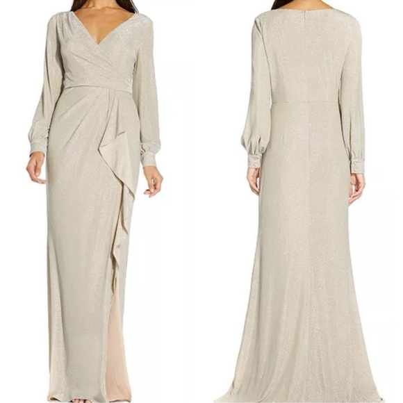 Adrianna Papell Faux Wrap Gown Champagne Neutral Mother of Bride Maxi Dress 14 - Picture 1 of 12